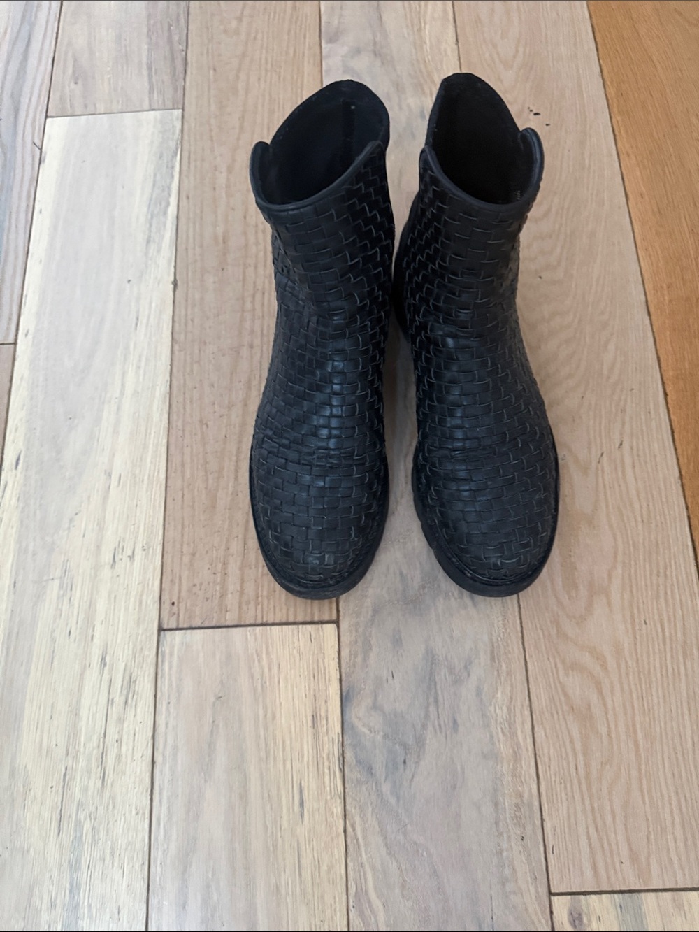Stuart Weitzman Black Woven Leather Ankle Boots